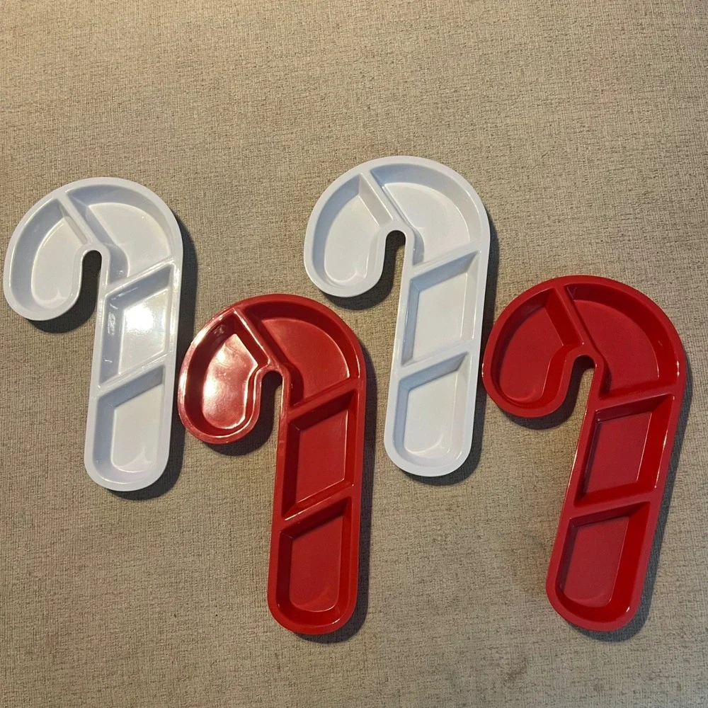 Set of 4 Christmas Candy Cane Serving Trays Red White Holiday Snack Platters